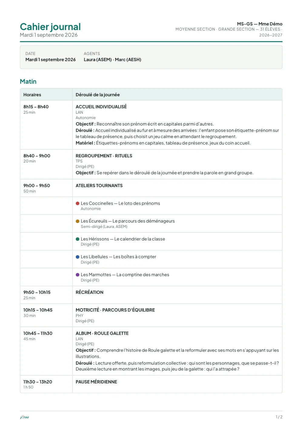 Première page du cahier journal PDF de la classe de démo, mardi 1er septembre 2026 : horaires et déroulé du matin, ateliers tournants groupe par groupe